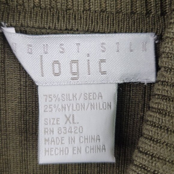 August Silk Logic Ribbed Belted Turtleneck Sweater XL Olive Green Silk/Nylon New - Picture 2 of 9